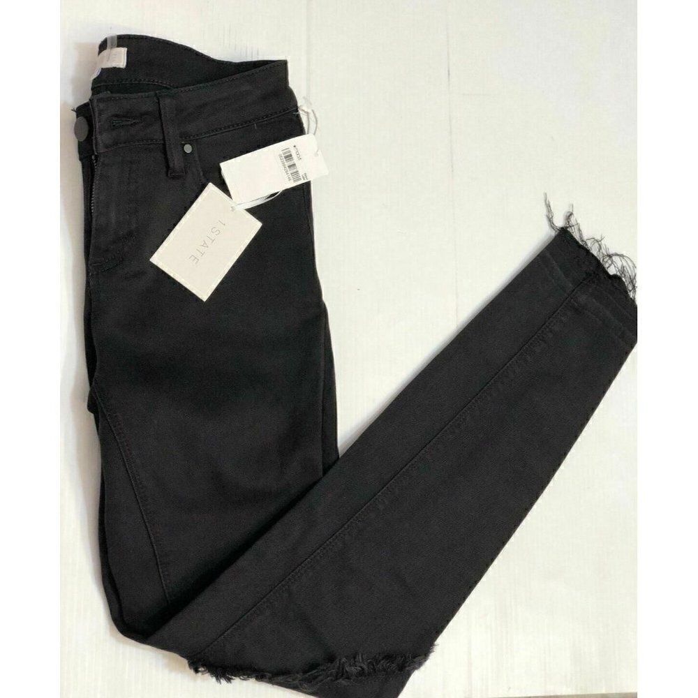 1.State Womens Black Denim Frayed Released Hem Skinny Jeansin Super Was - Picture 3 of 12